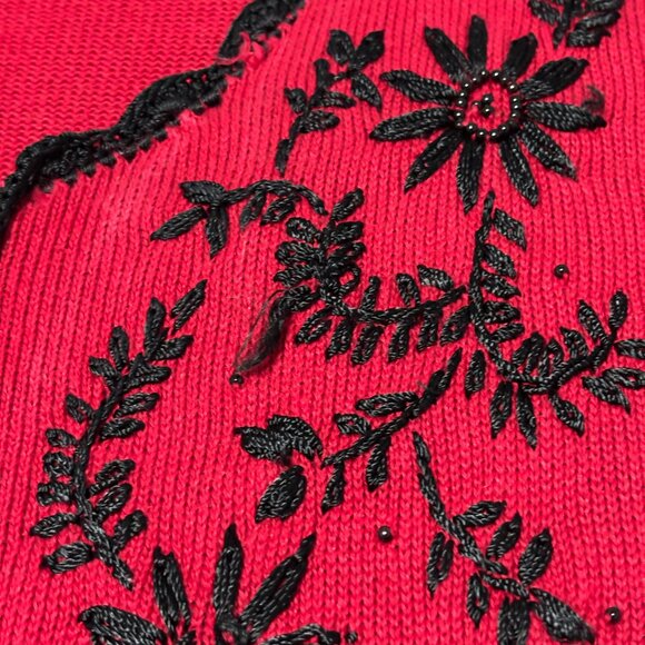Kathie Lee Red Black Embroidered Cardigan L Ramie Cotton Vintage Grandmacore - Picture 10 of 16